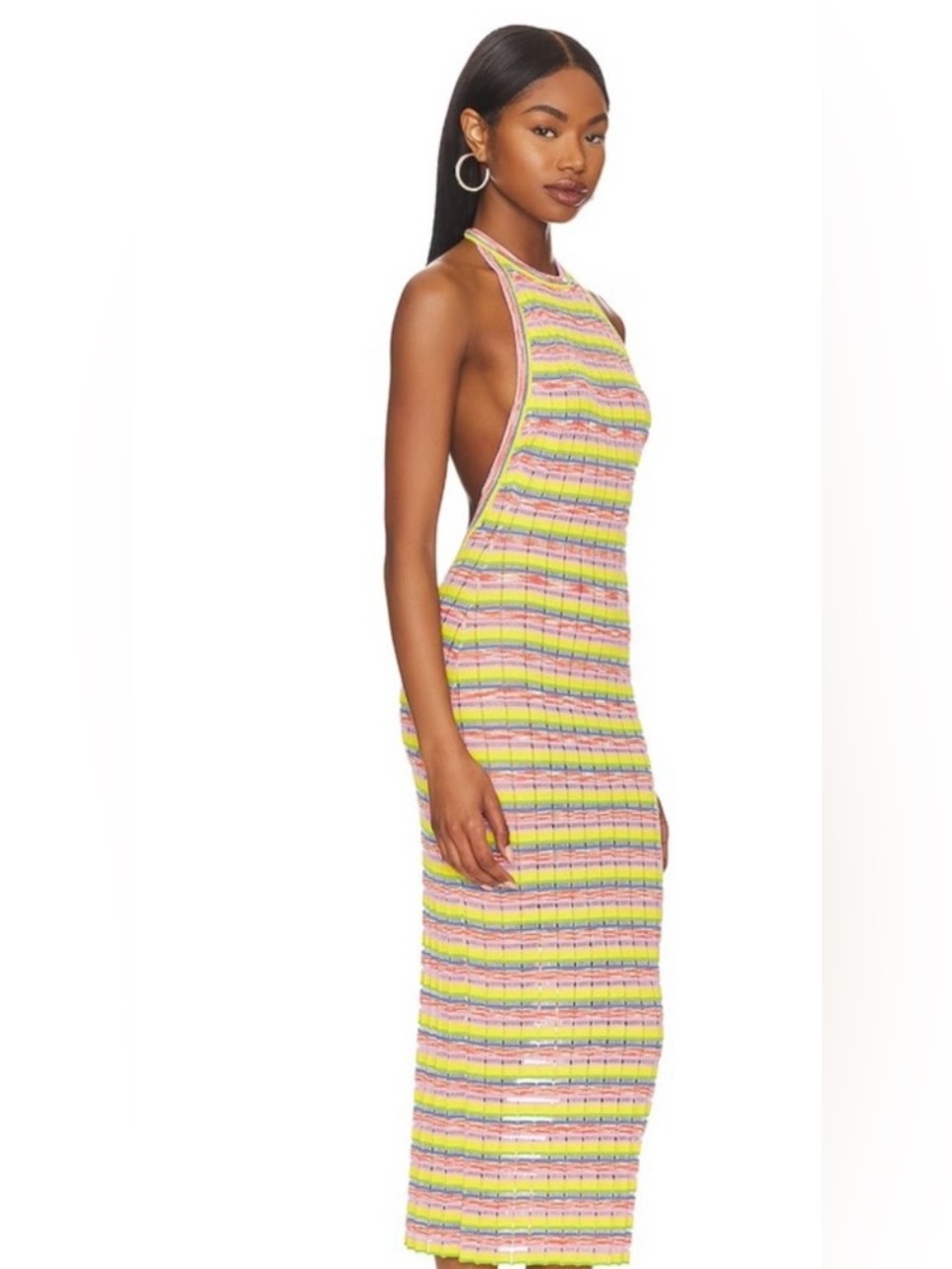 Sleeveless Striped Knit Midi Dress in Yellow and Pink